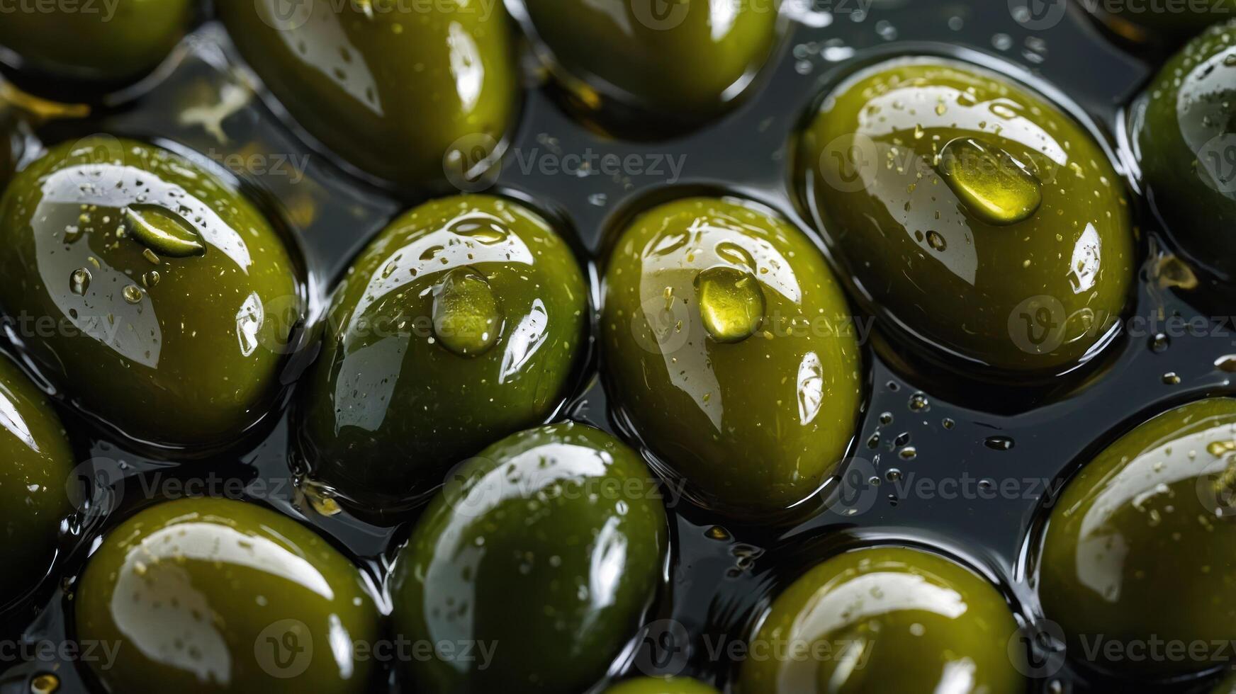Close-up of green olives in oil, showcasing their texture and sheen. photo