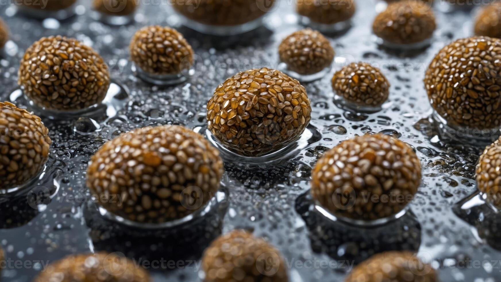 Close-up of glossy, spherical objects resembling sesame seeds on a reflective surface. photo