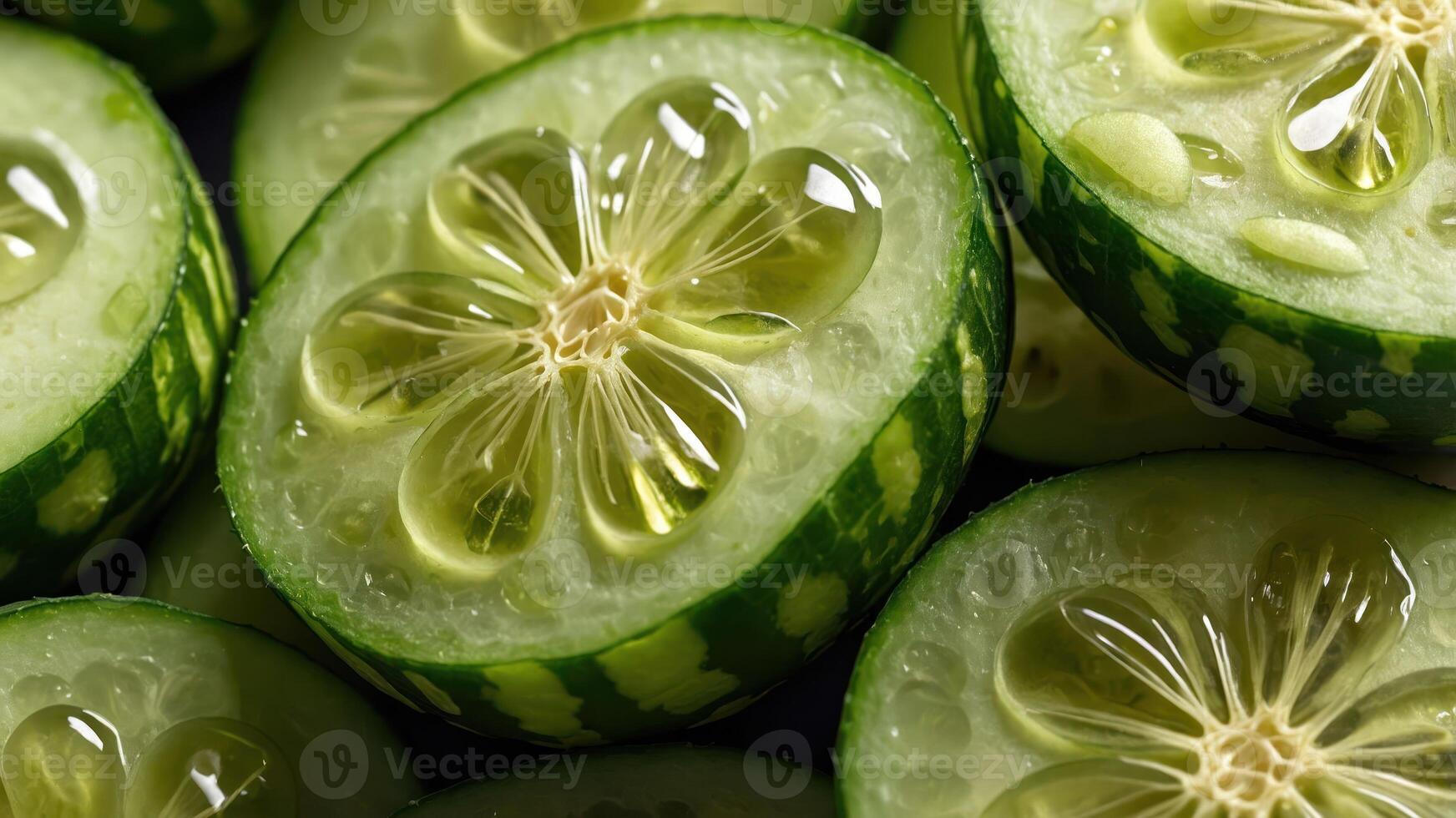 Close-up of sliced cucumbers displaying their juicy, textured interior and vibrant colors. photo