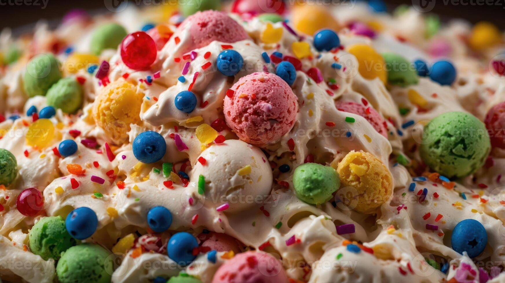 A colorful dessert topped with various ice cream scoops, sprinkles, and candies. photo