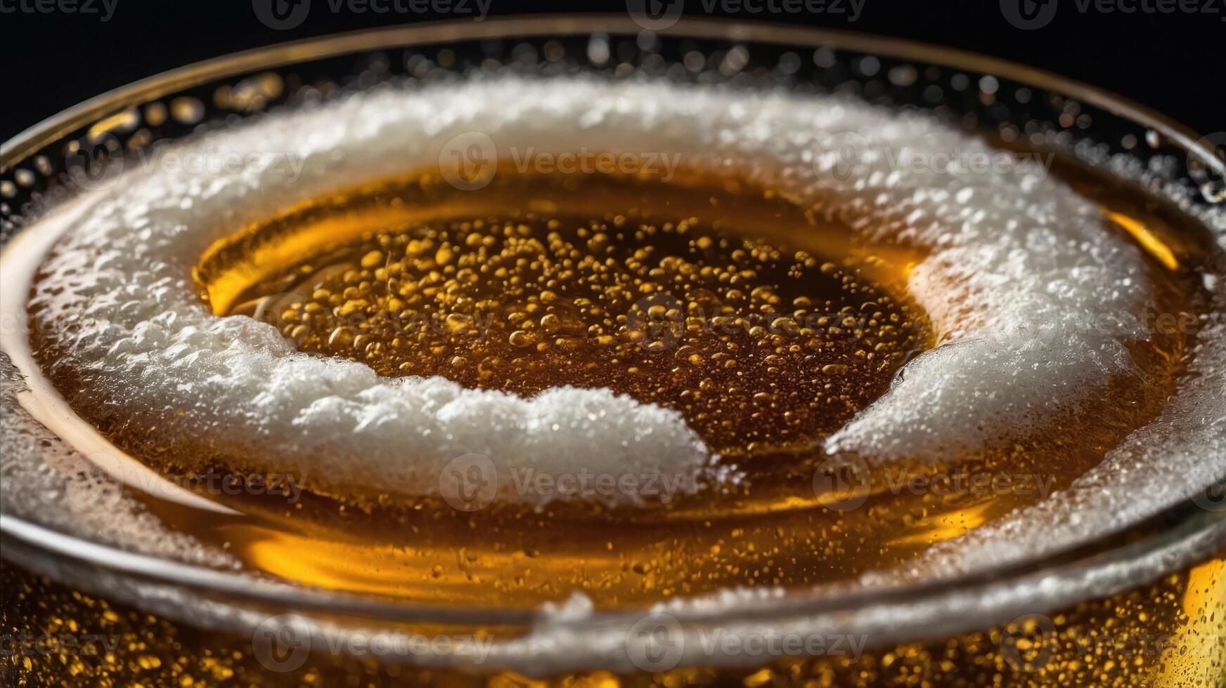 Close-up of a fizzy beverage with bubbles and foam forming a circular pattern. photo