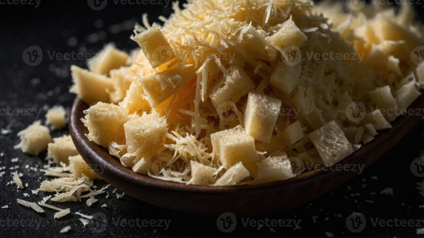 A close-up of grated and cubed cheese on a wooden plate, highlighting its texture and form. photo