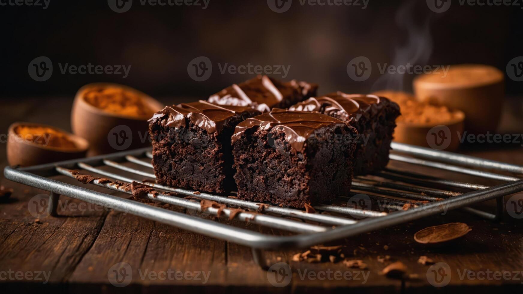 Delicious chocolate brownies on a cooling rack, showcasing rich frosting and cocoa. photo