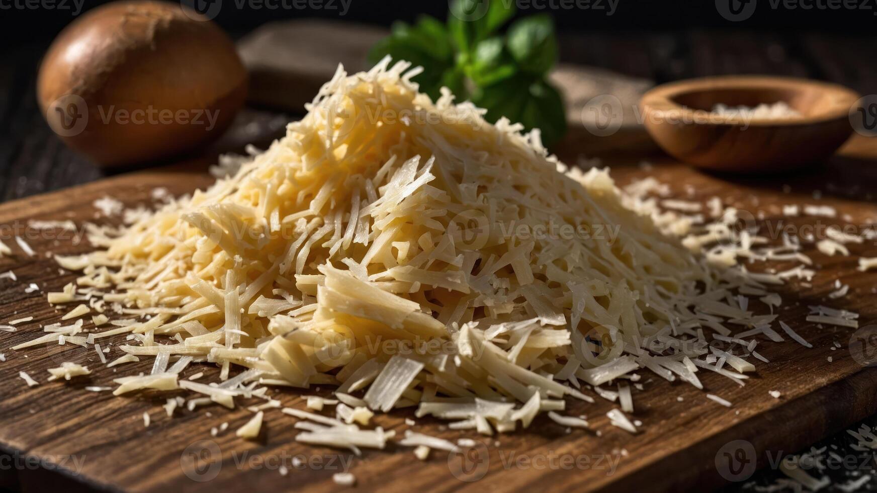 A pile of grated cheese on a wooden board, with herbs and an onion in the background. photo