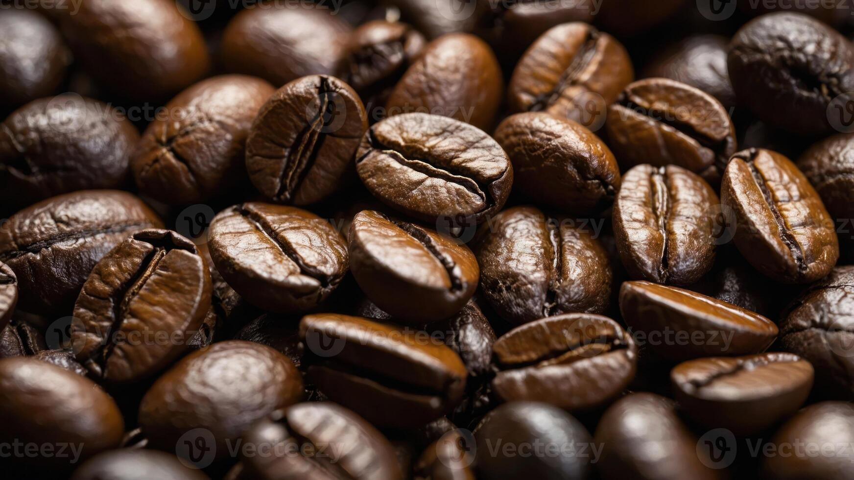 Close-up of roasted coffee beans showcasing their rich texture and color. photo