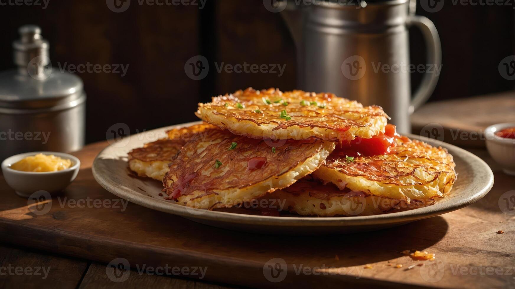 A plate of crispy hash browns garnished with herbs and served with condiments. photo