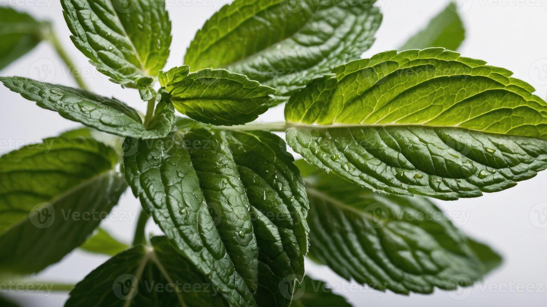 Close-up of fresh mint leaves with a vibrant green color and water droplets. photo