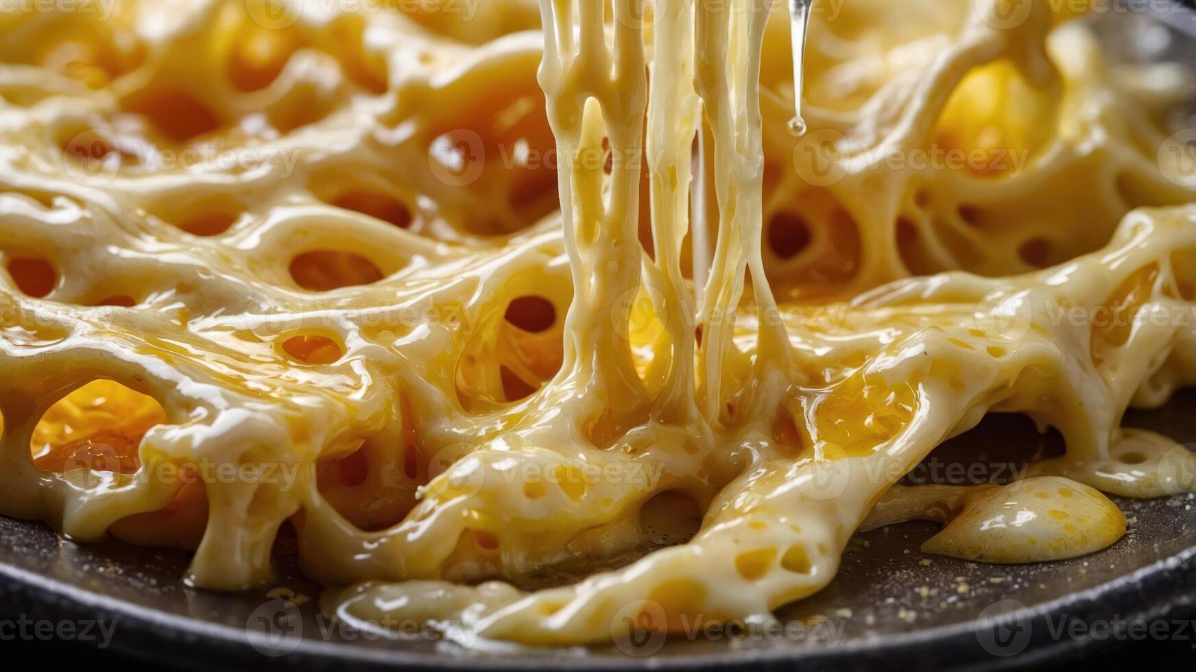 Close-up of gooey, melted cheese with a stringy texture, showcasing its appetizing quality. photo