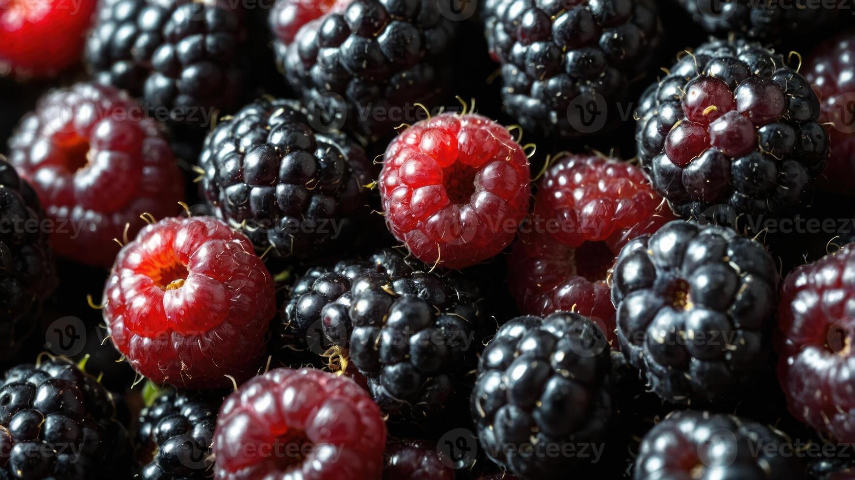 A close-up view of fresh blackberries and raspberries, showcasing their vibrant colors and textures. photo