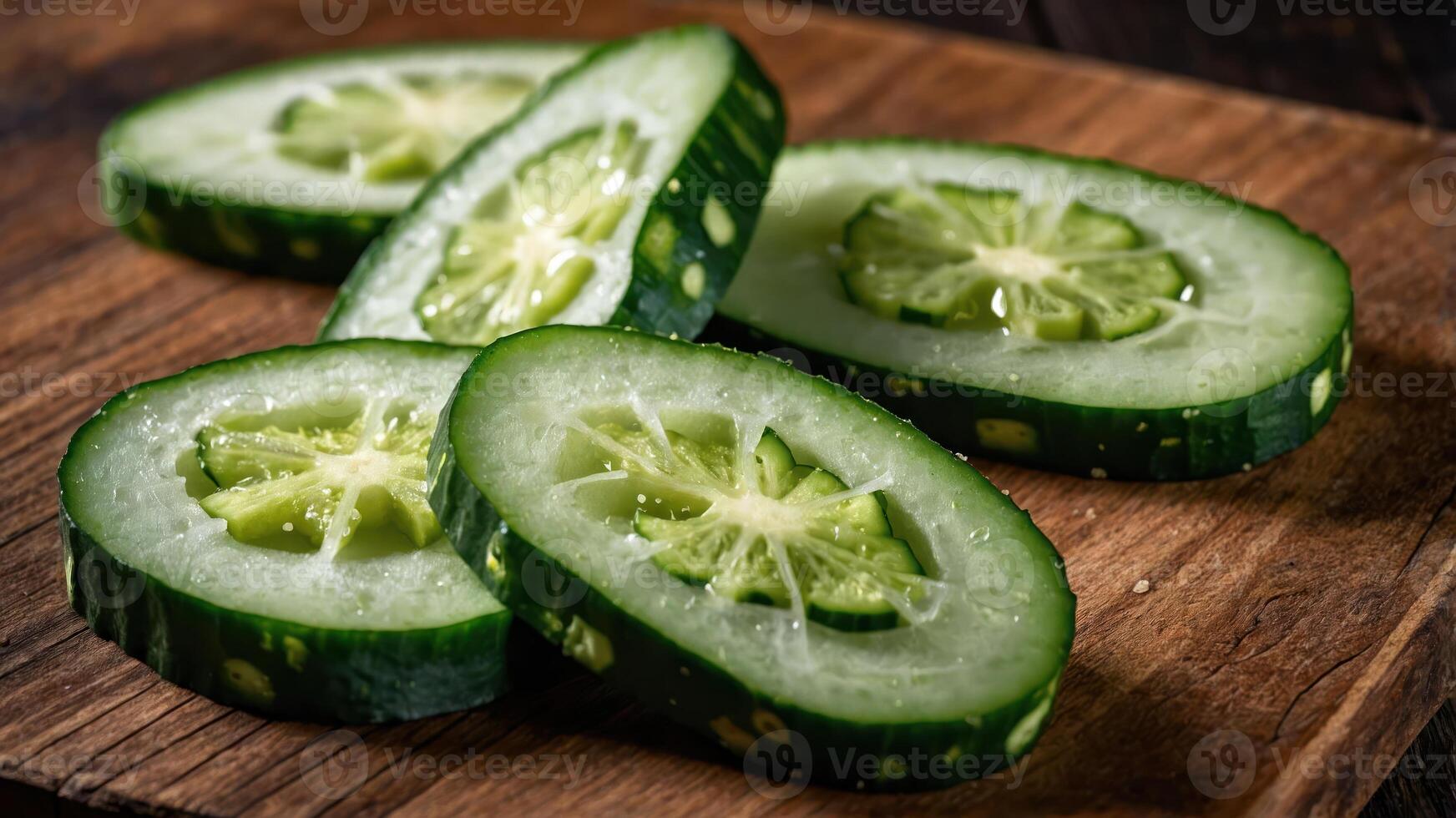 Fresh cucumber slices arranged on a wooden cutting board. photo