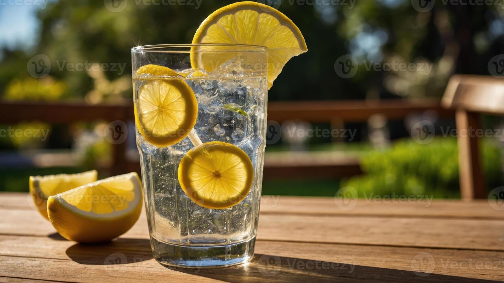A refreshing glass of lemonade with lemon slices, set on a wooden table outdoors. photo