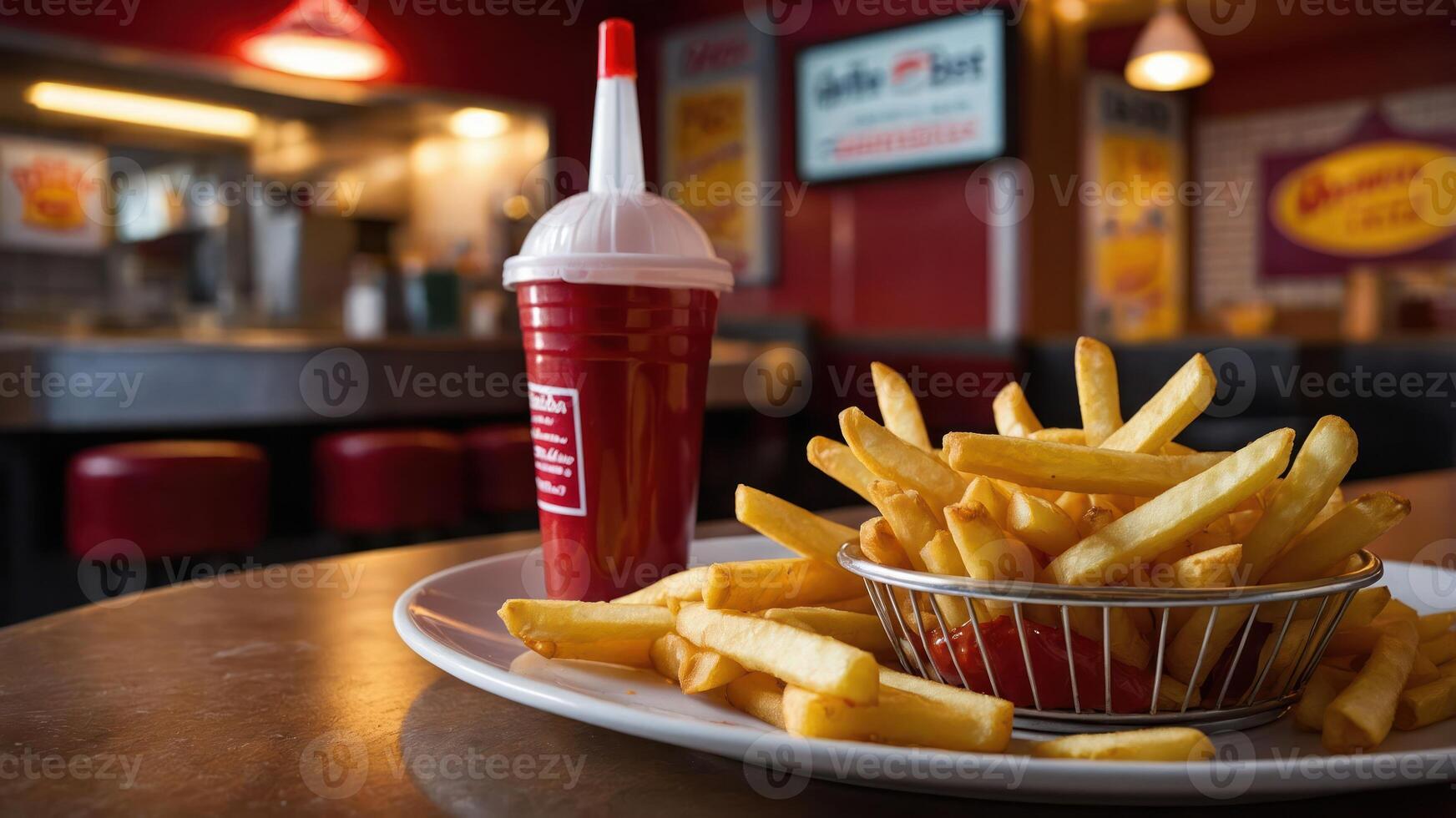 A plate of golden fries beside a drink in a casual dining setting. photo