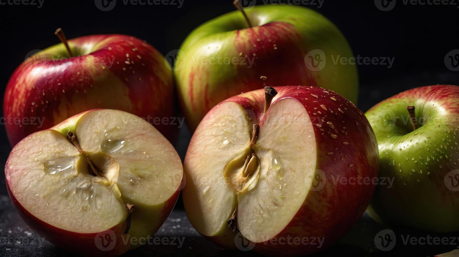 Fresh red and green apples, whole and sliced, against a dark background. photo