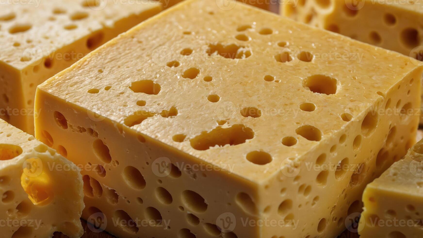 A close-up of a block of cheese with characteristic holes, showcasing its texture and color. photo