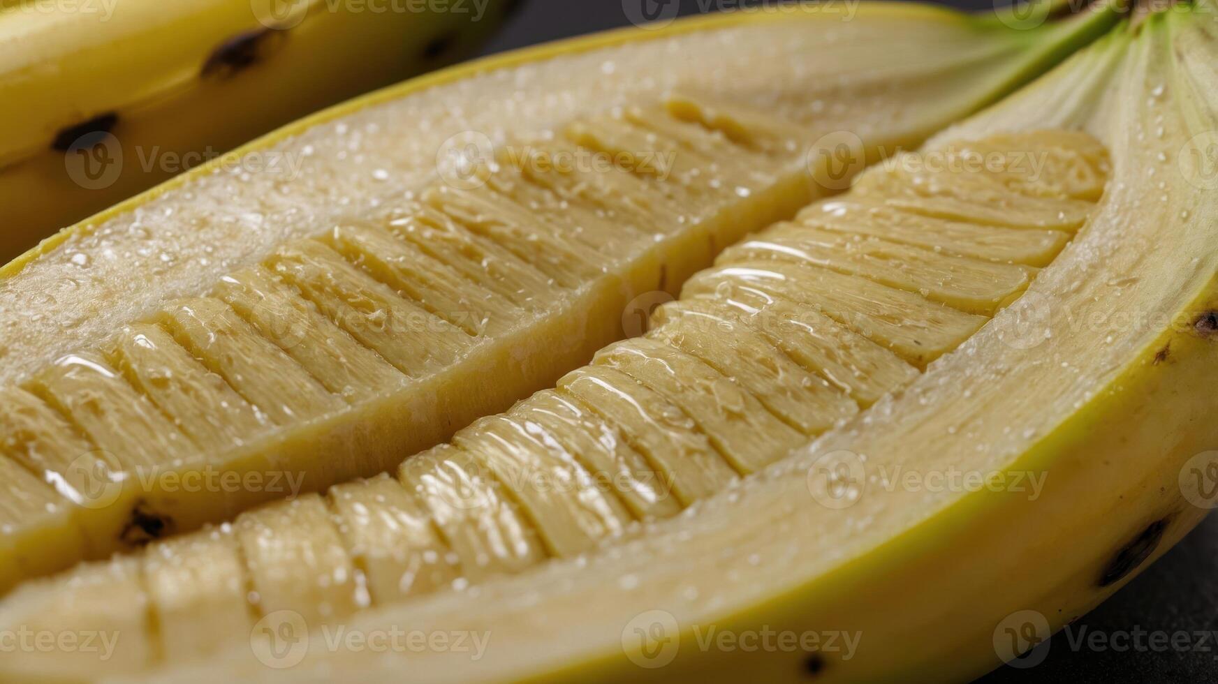 A close-up of a sliced banana showcasing its texture and inner structure. photo