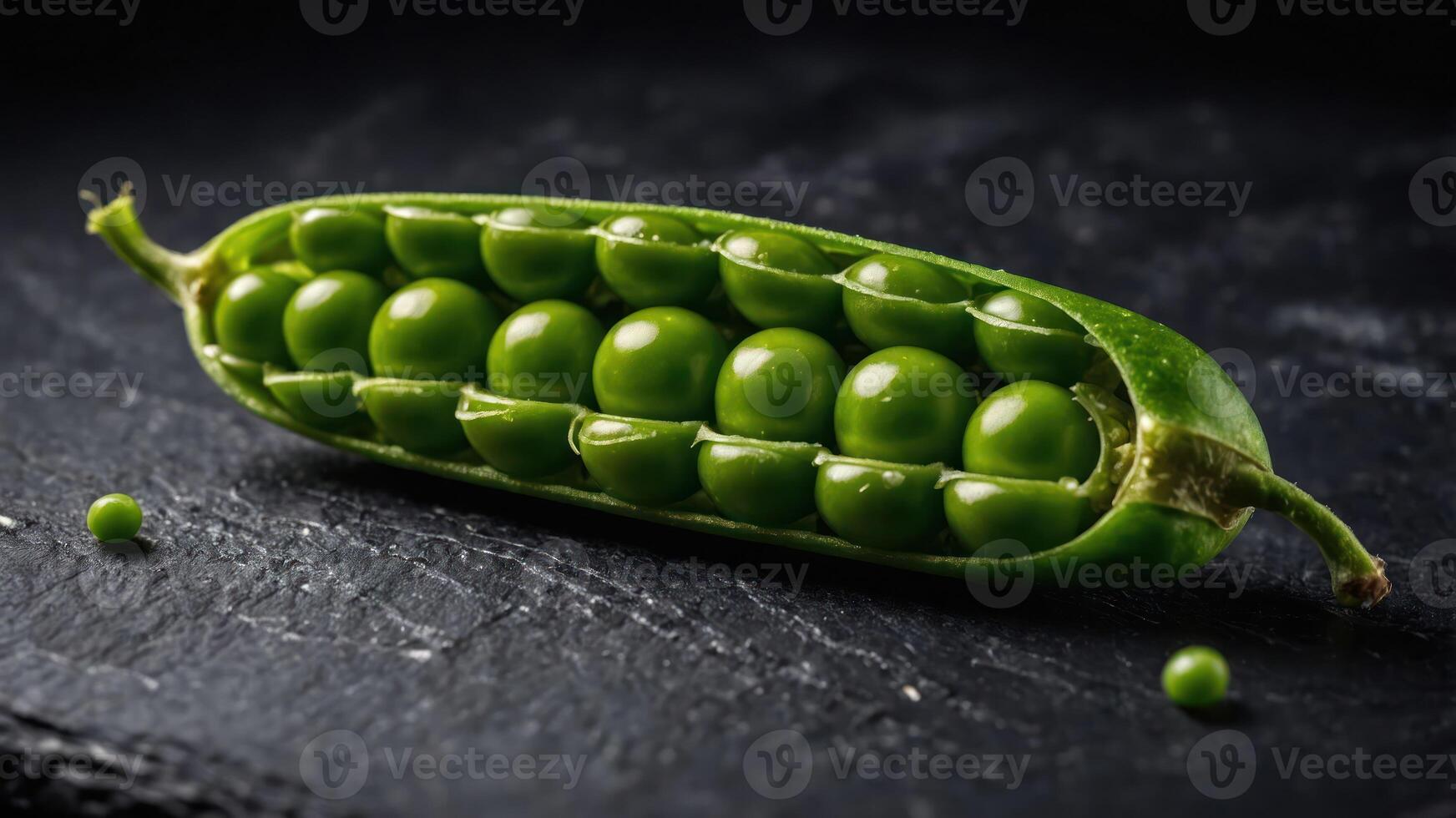 A fresh green pea pod split open, showcasing vibrant peas inside. photo