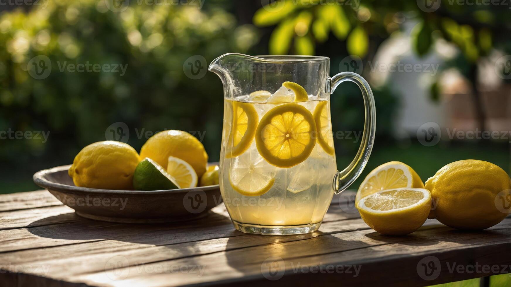 A refreshing pitcher of lemonade with lemon slices, surrounded by fresh lemons on a wooden table. photo