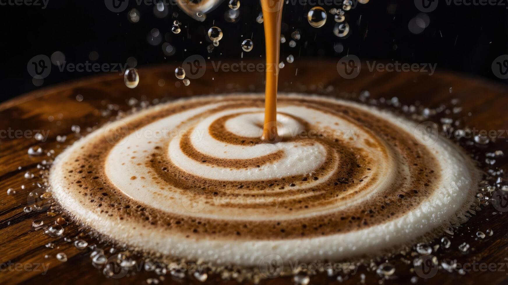 A close-up of coffee being poured into frothy milk, creating a beautiful swirl pattern. photo