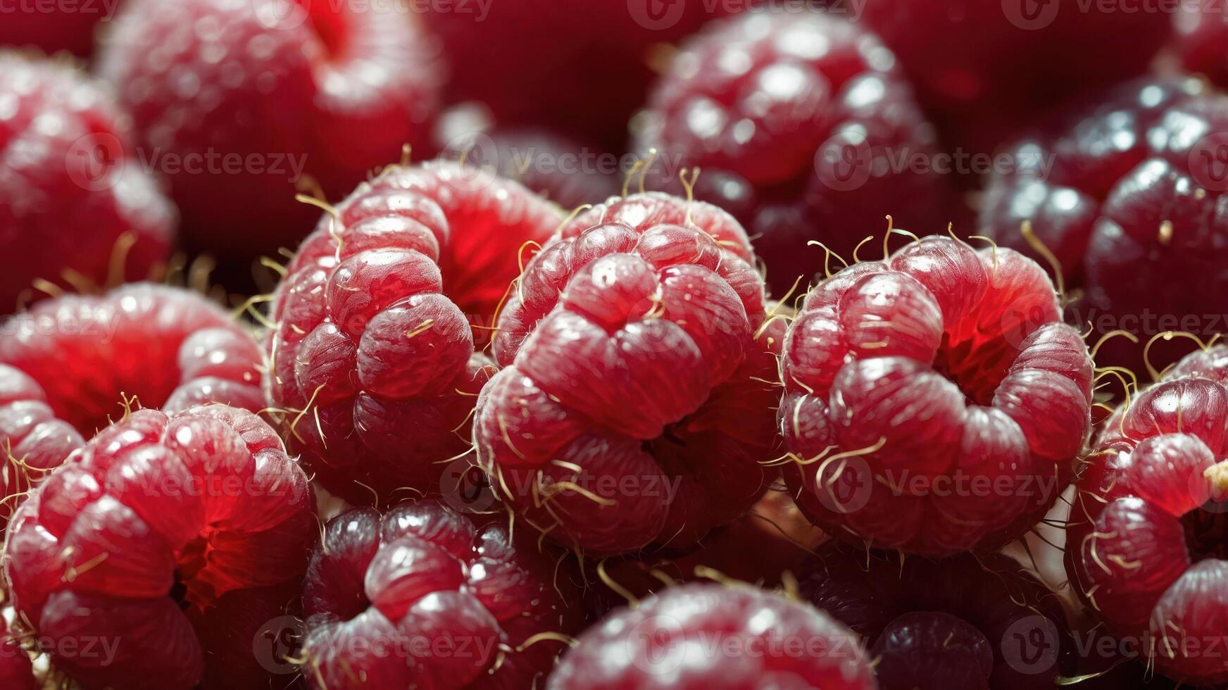 Close-up view of fresh, ripe raspberries showcasing their texture and color. photo