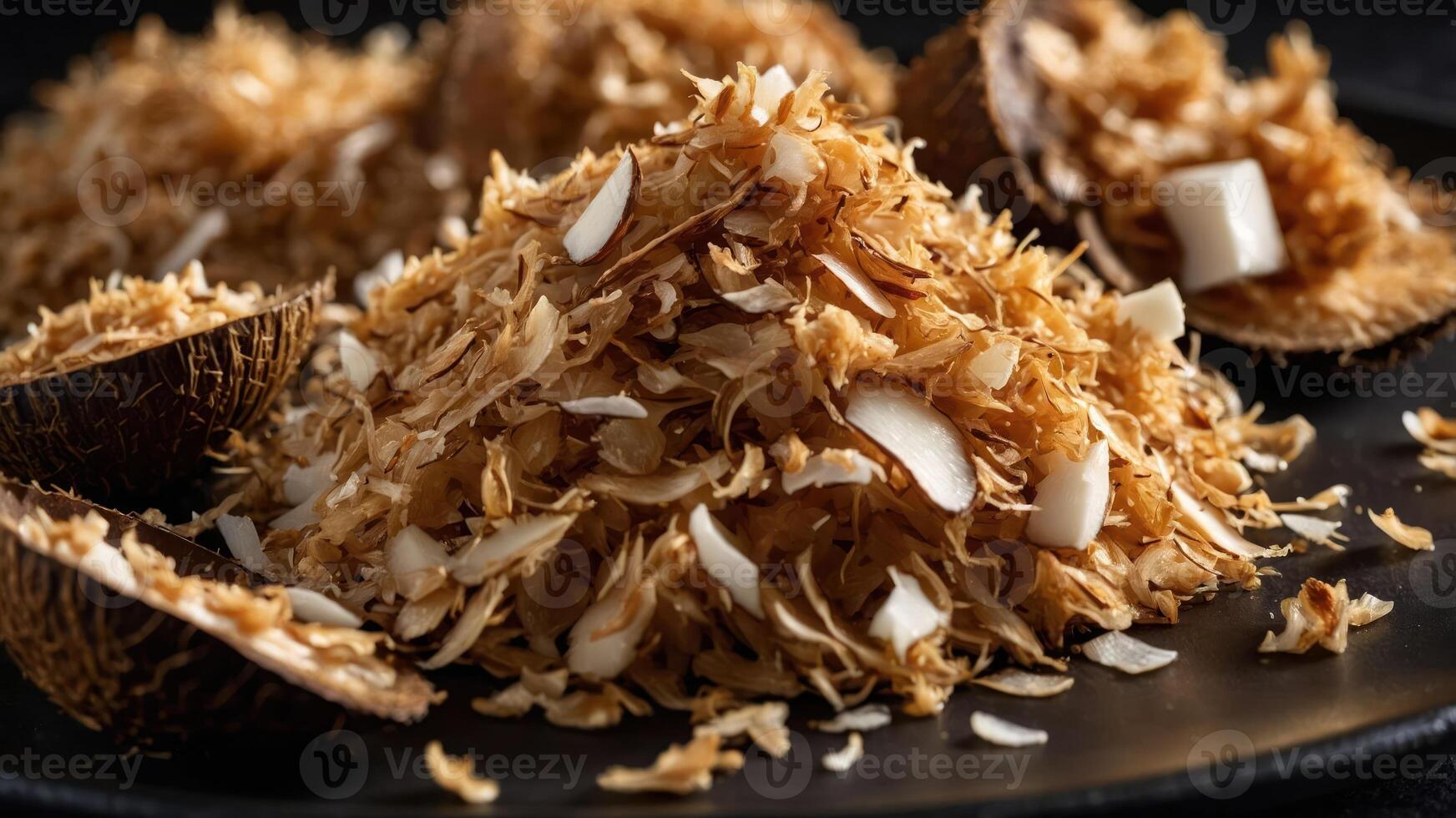 A close-up of toasted coconut flakes arranged on a dark plate, showcasing texture and color. photo