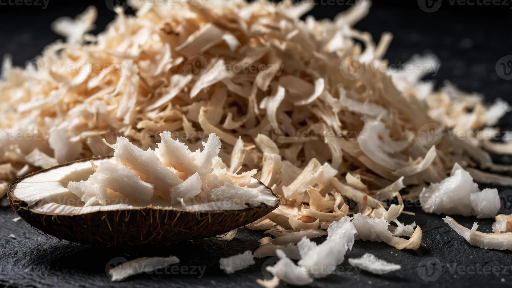 Shredded coconut flakes with a halved coconut shell on a dark surface. photo