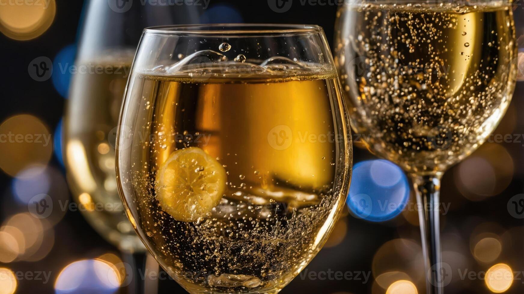 A close-up of sparkling drinks in elegant glasses, highlighting bubbles and a slice of lemon. photo