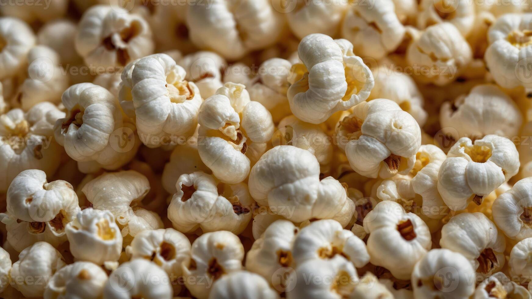 Close-up of fluffy, popped popcorn kernels, ideal for snacking or movie nights. photo