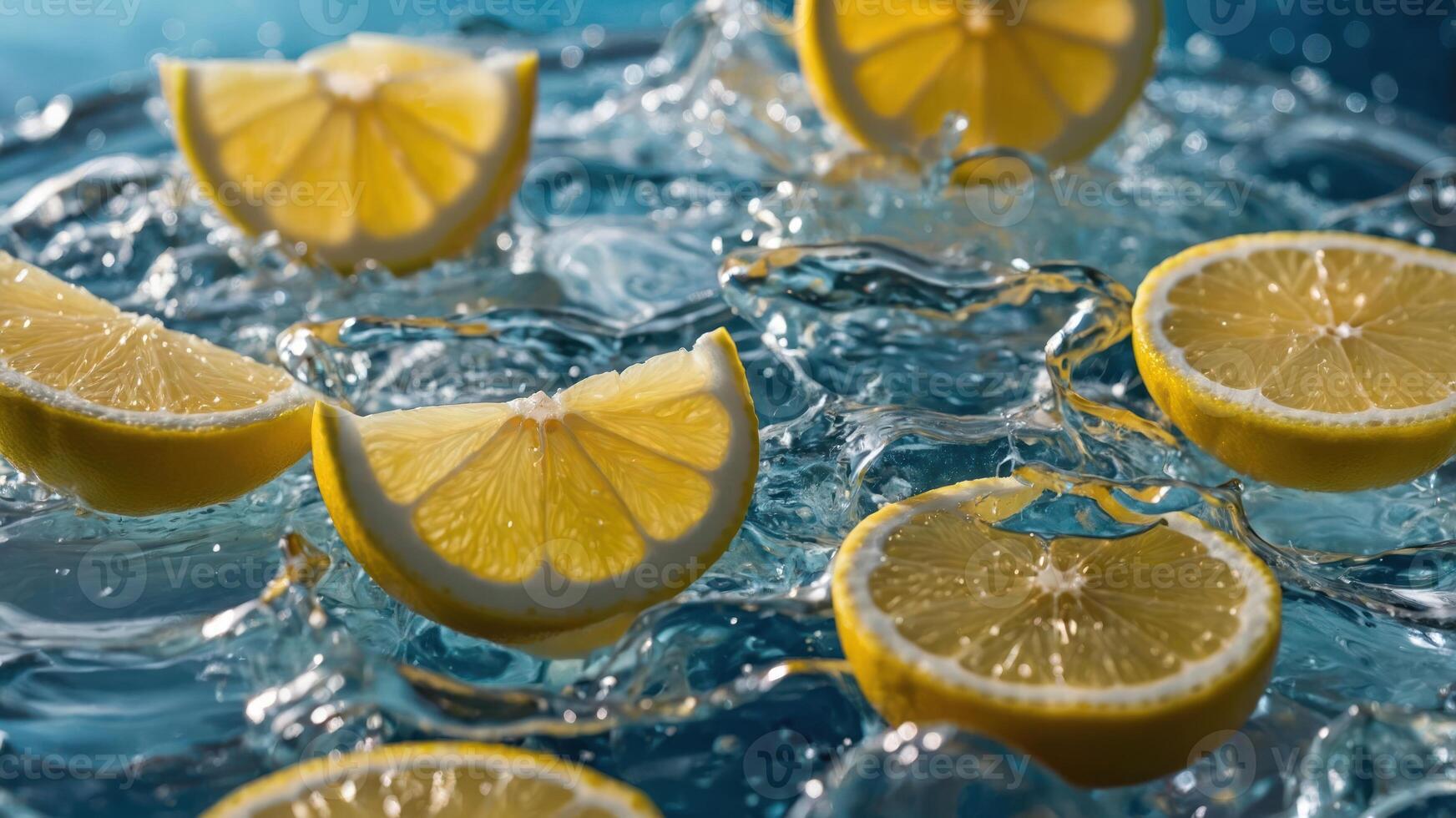 Fresh lemon slices splashing in water, creating a vibrant and refreshing scene. photo