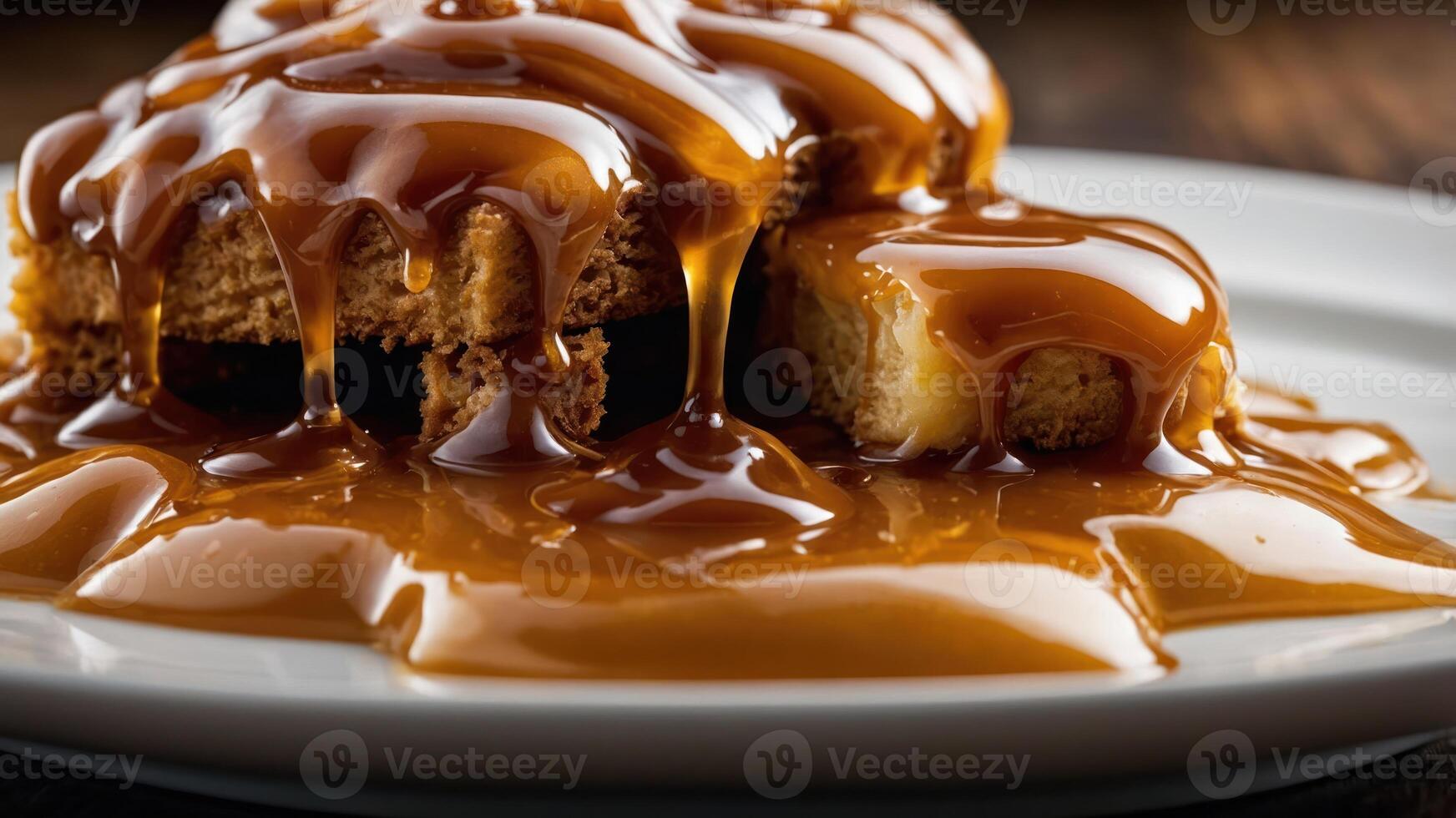 A dessert featuring a cake drenched in caramel sauce on a white plate. photo