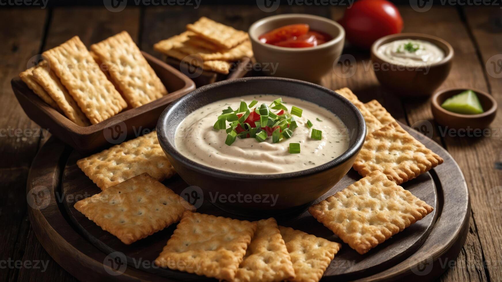 A platter featuring crackers, dip, and garnishes for a snack or appetizer setting. photo