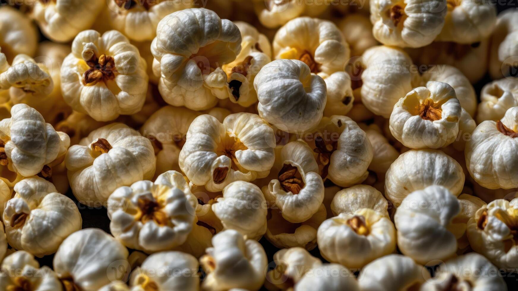 A close-up of fluffy, popped popcorn kernels, perfect for snacking or movie nights. photo