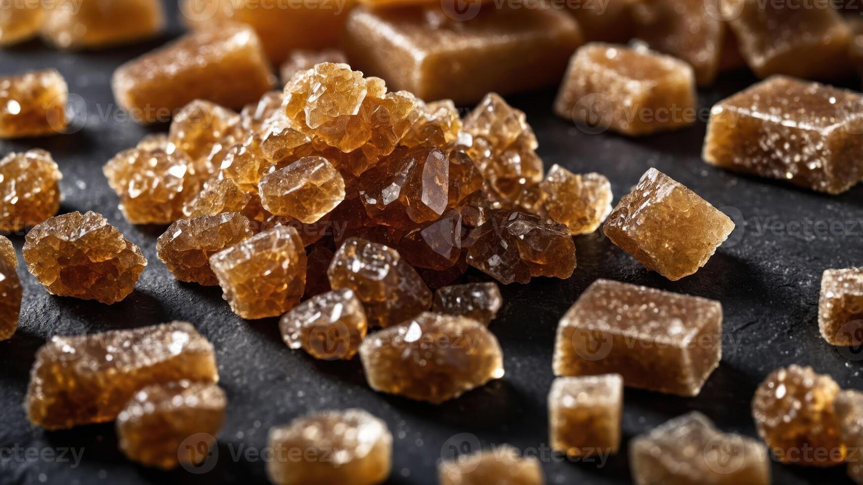 A close-up of brown sugar crystals and cubes on a dark surface. photo