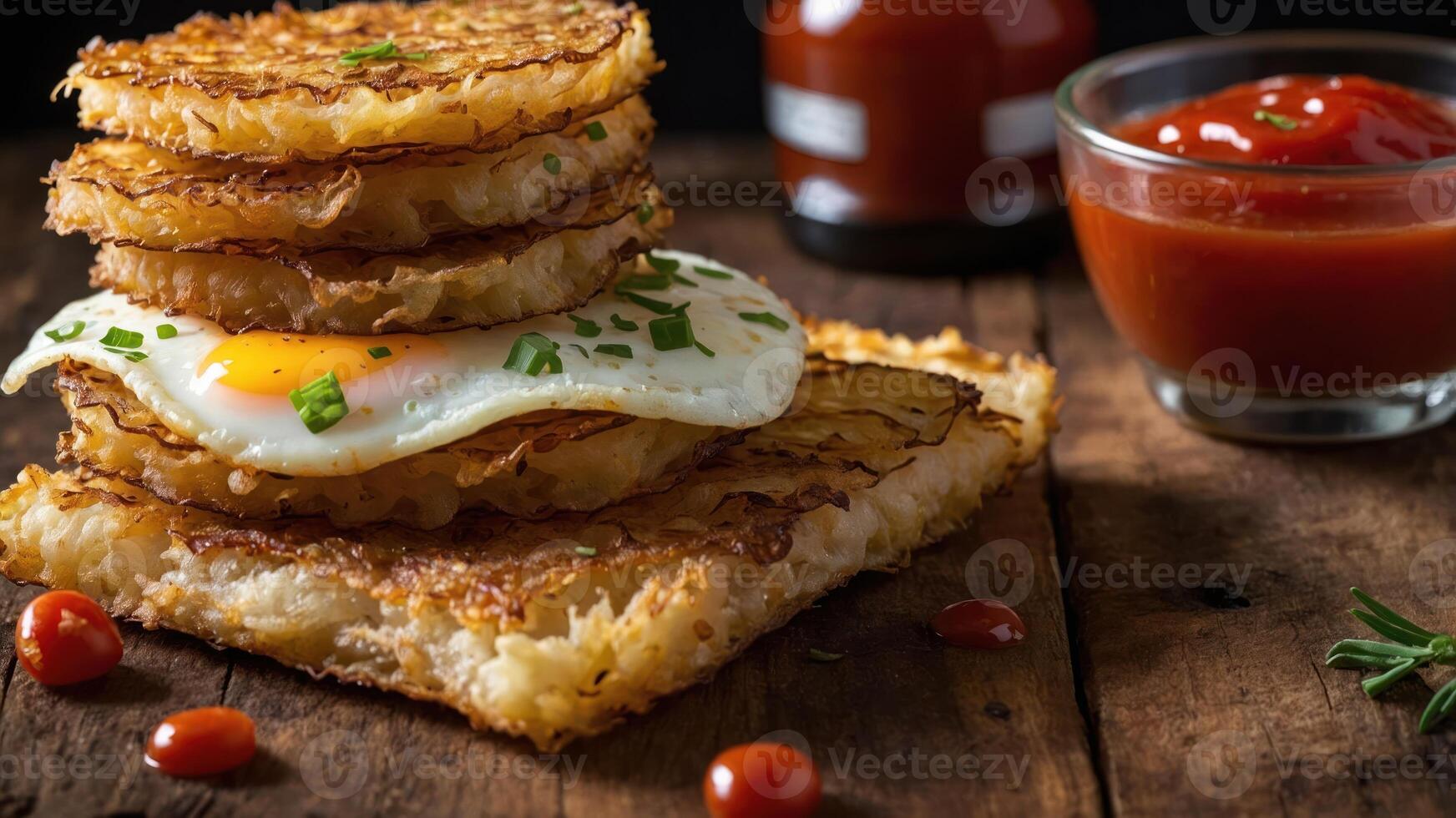 A stack of crispy hash browns topped with a fried egg, served with ketchup on a wooden table. photo