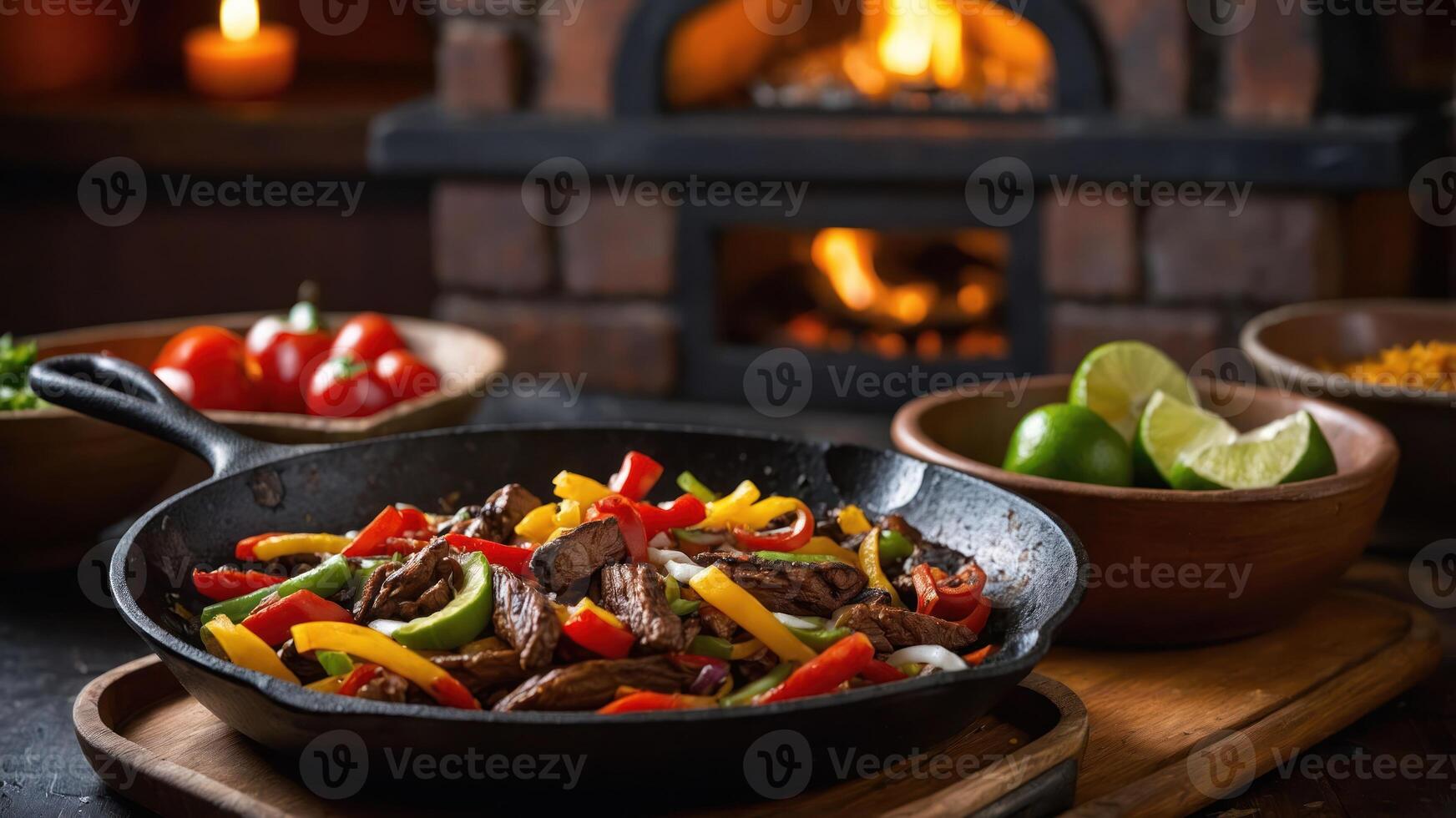 A sizzling skillet of colorful fajitas with fresh ingredients and a warm fireplace backdrop. photo