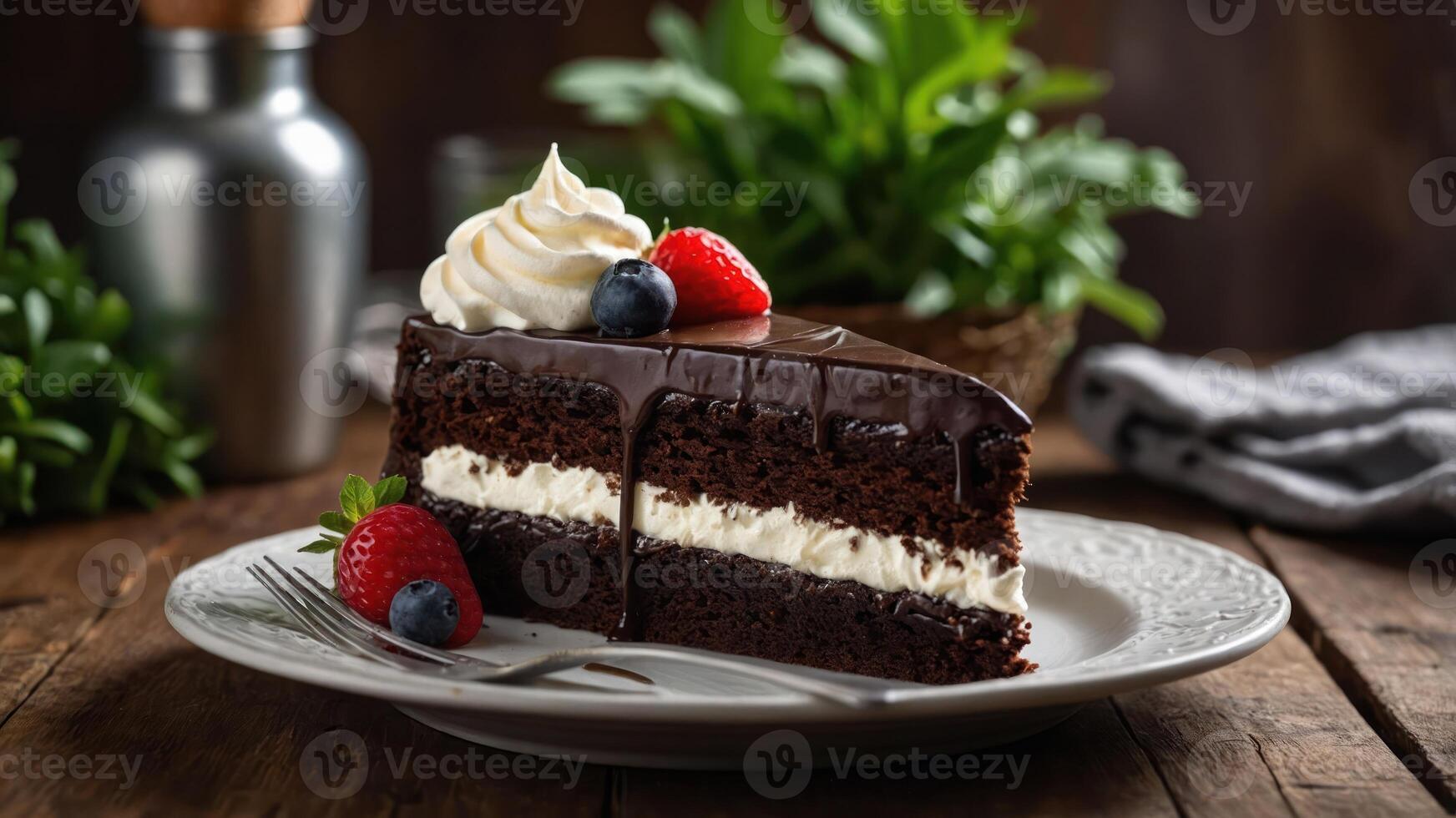 A slice of chocolate cake topped with cream and berries on a decorative plate. photo