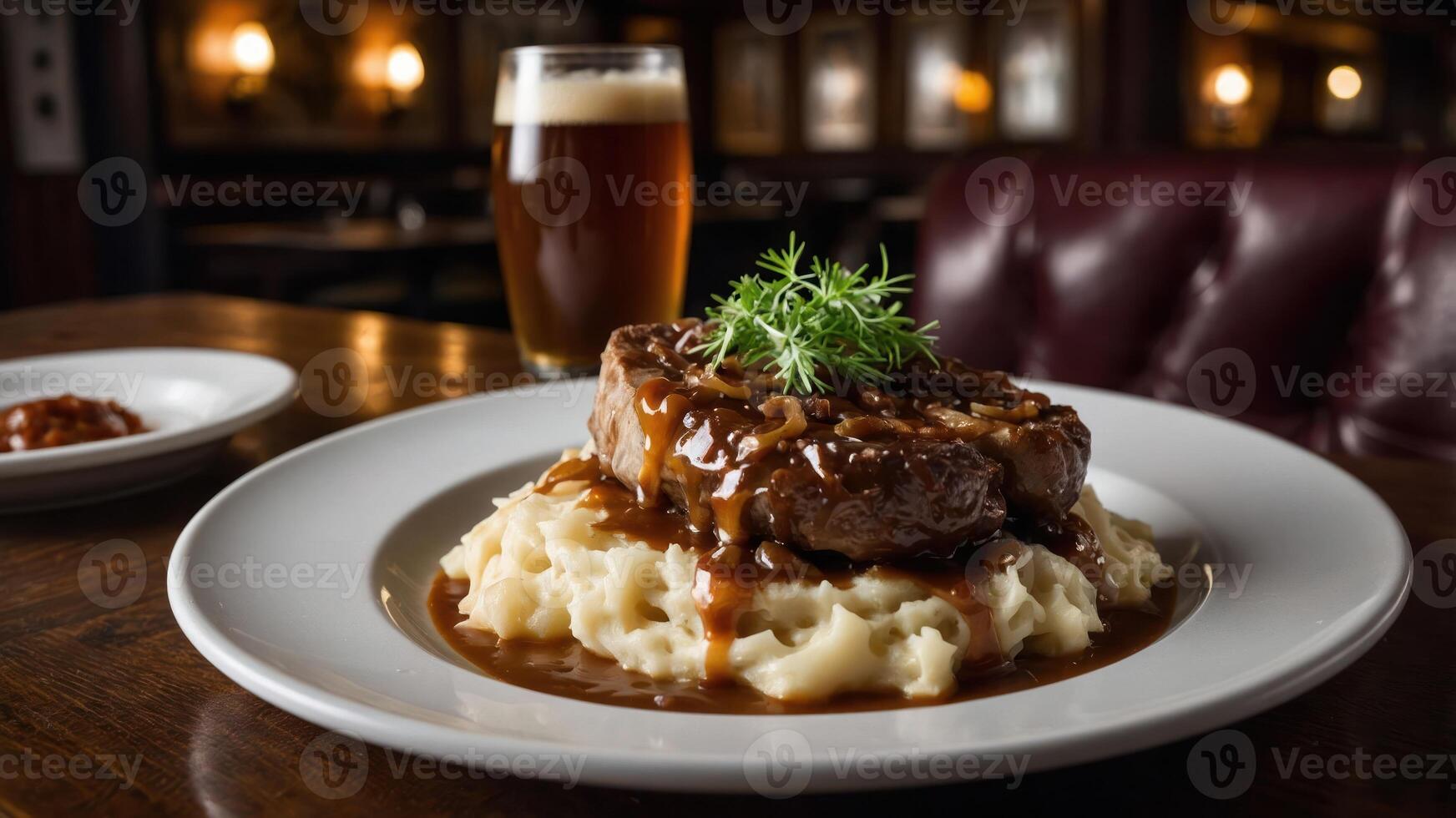 A plate of meatloaf served over mashed potatoes with gravy, accompanied by a pint of beer. photo