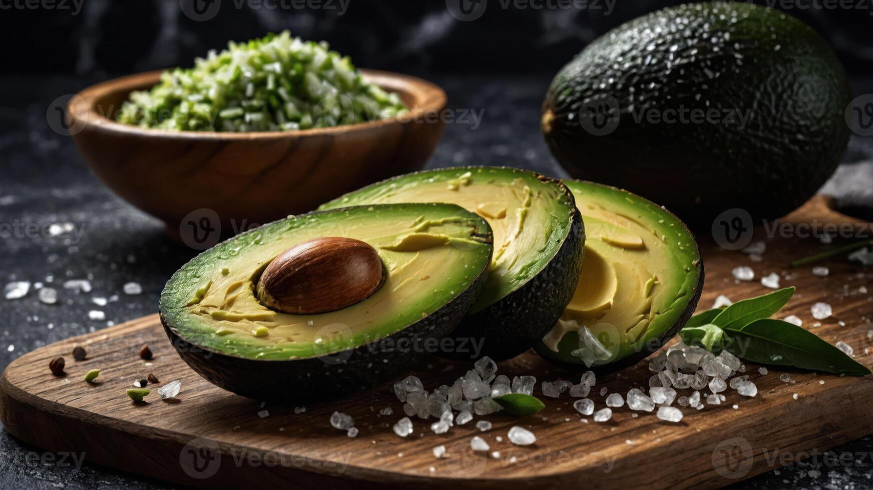 A beautifully arranged avocado cut in half, showcasing its creamy texture and seed. photo