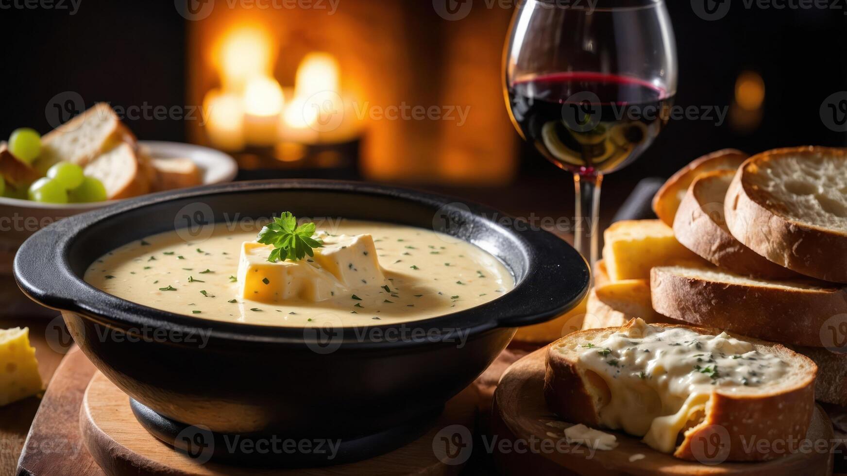 A cozy scene featuring cheese fondue, bread, and red wine by a warm fireplace. photo