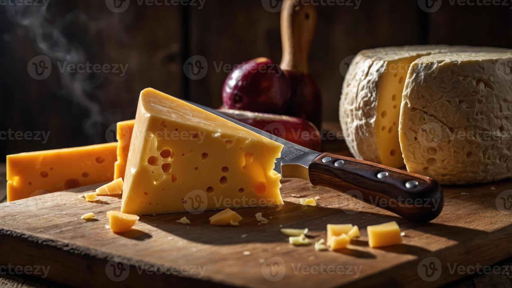 A rustic scene featuring a wedge of cheese and a whole cheese wheel on a wooden board. photo