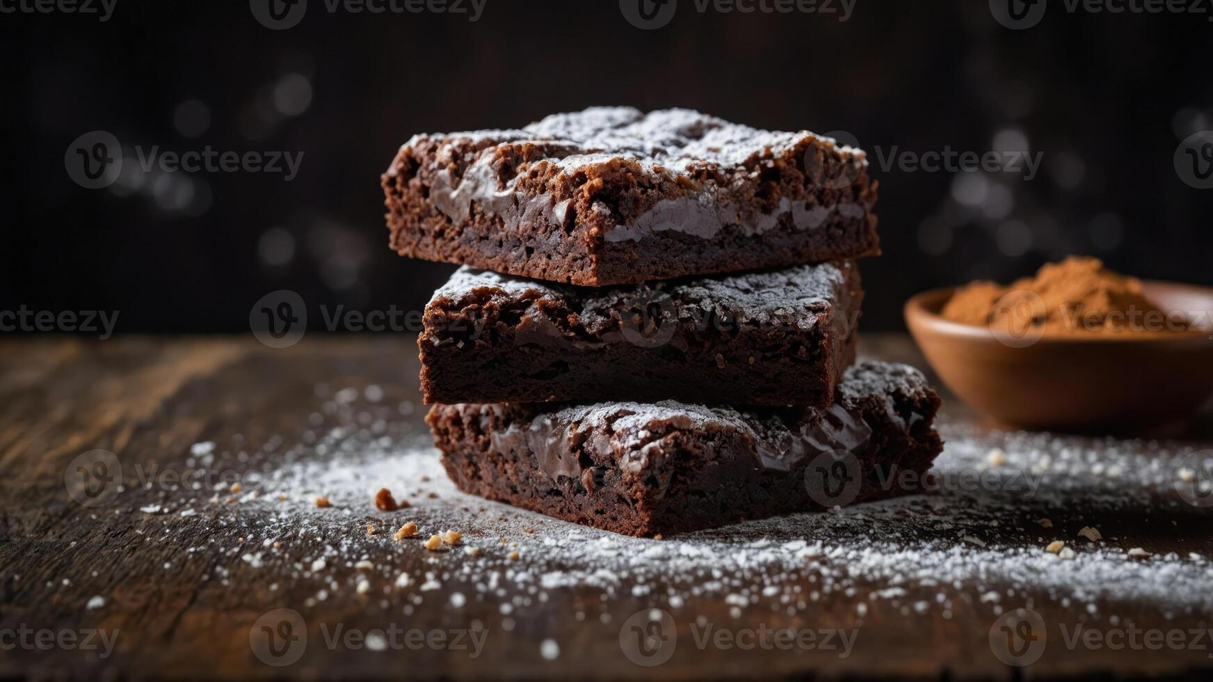 A stack of delicious brownies dusted with powdered sugar, placed on a rustic wooden surface. photo