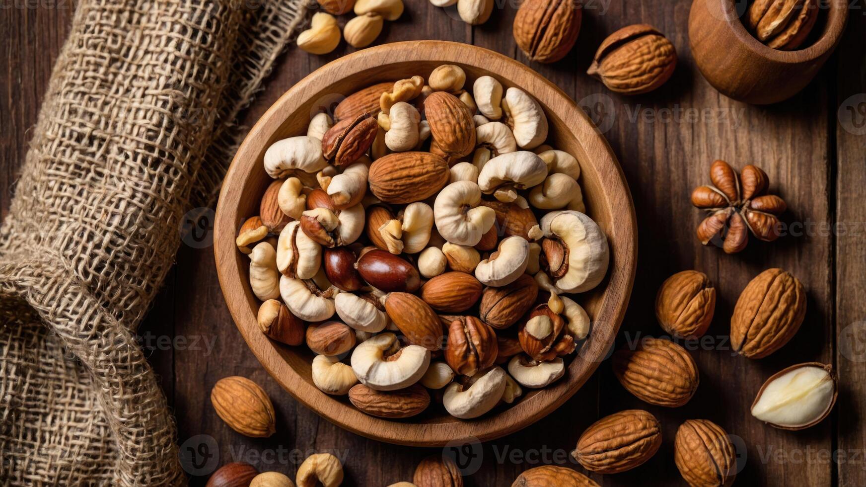 A wooden bowl filled with assorted nuts on a rustic wooden surface. photo