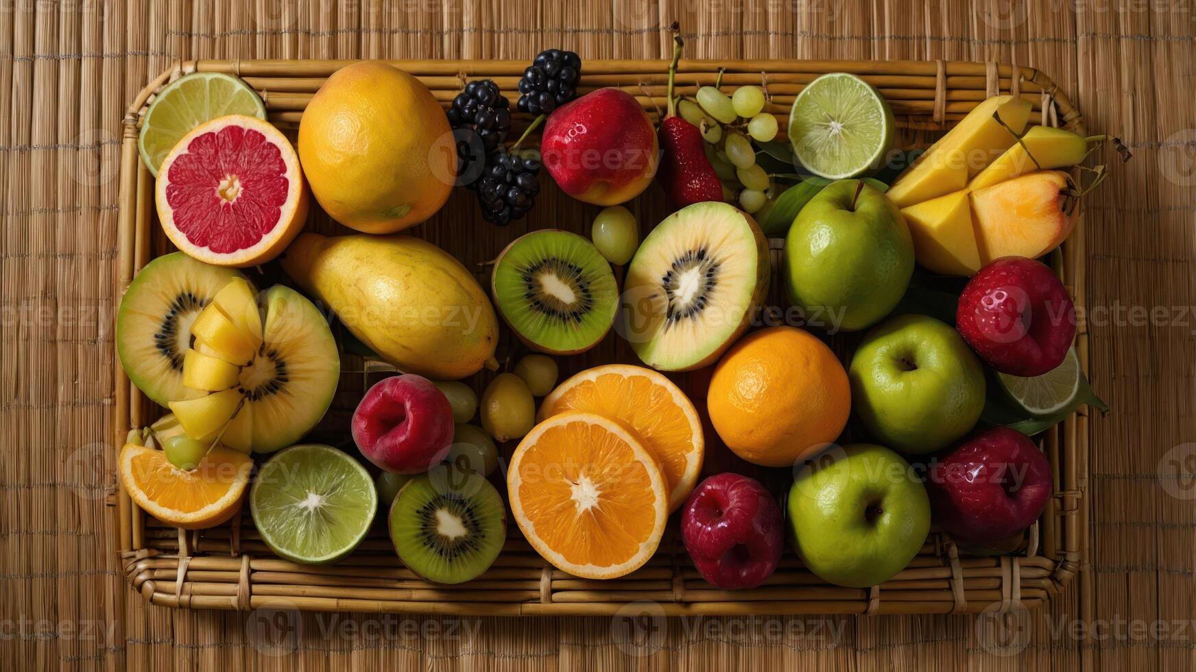 A vibrant assortment of fresh fruits arranged in a wicker basket. photo