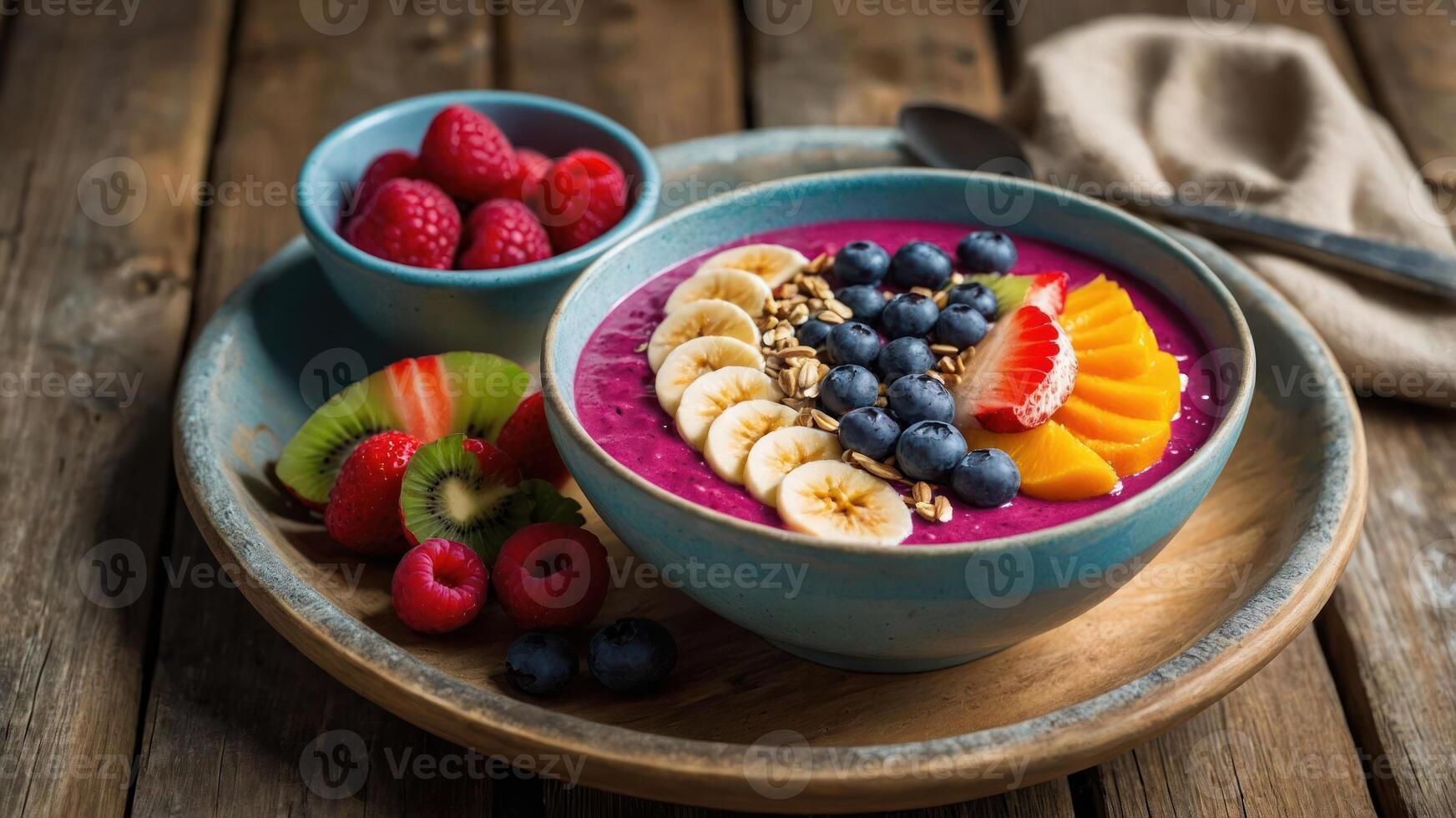 A vibrant smoothie bowl topped with fruits and granola, served with fresh raspberries. photo