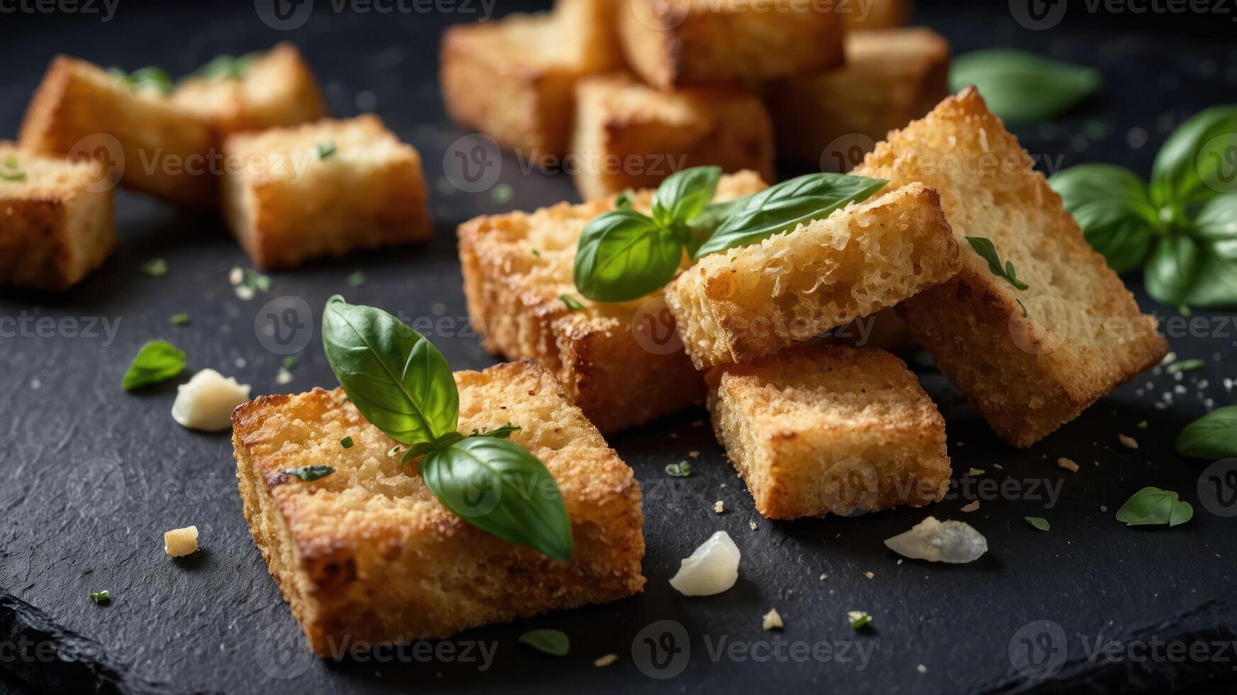 A close-up of crispy, golden-brown bread cubes garnished with fresh basil leaves. photo