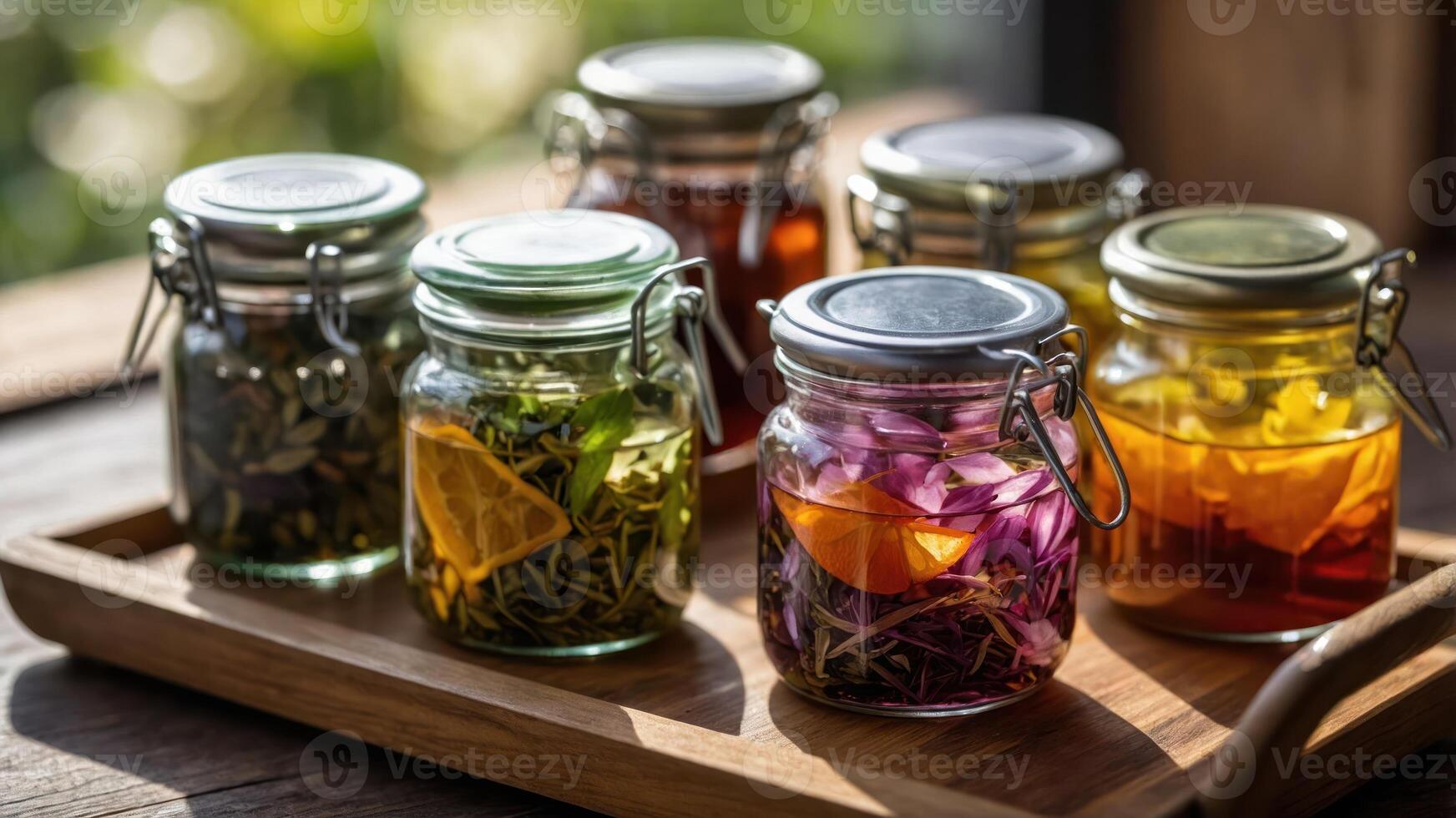 A collection of jars filled with colorful herbs and infusions, showcasing natural ingredients. photo