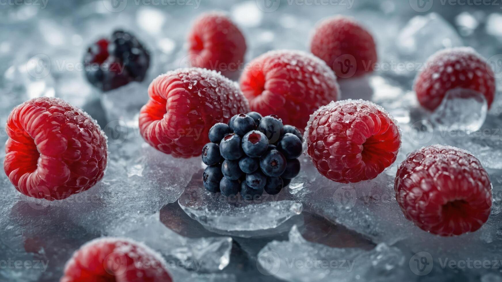 A close-up of frozen raspberries and blackberries on ice, showcasing freshness and texture. photo