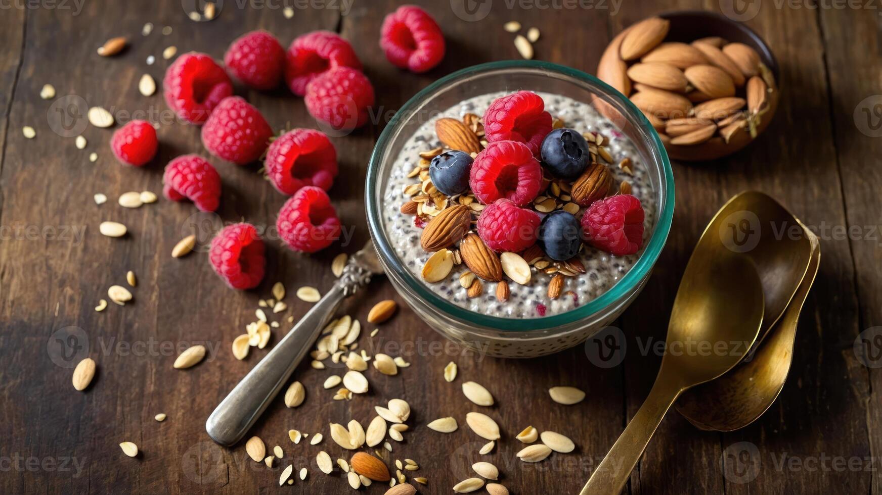 A bowl of oatmeal topped with raspberries, blueberries, almonds, and scattered oats on wood. photo