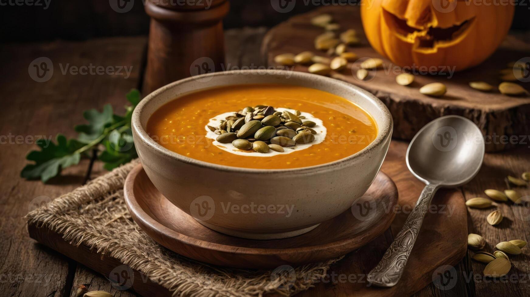 A bowl of creamy pumpkin soup garnished with seeds, set against a rustic autumn backdrop. photo