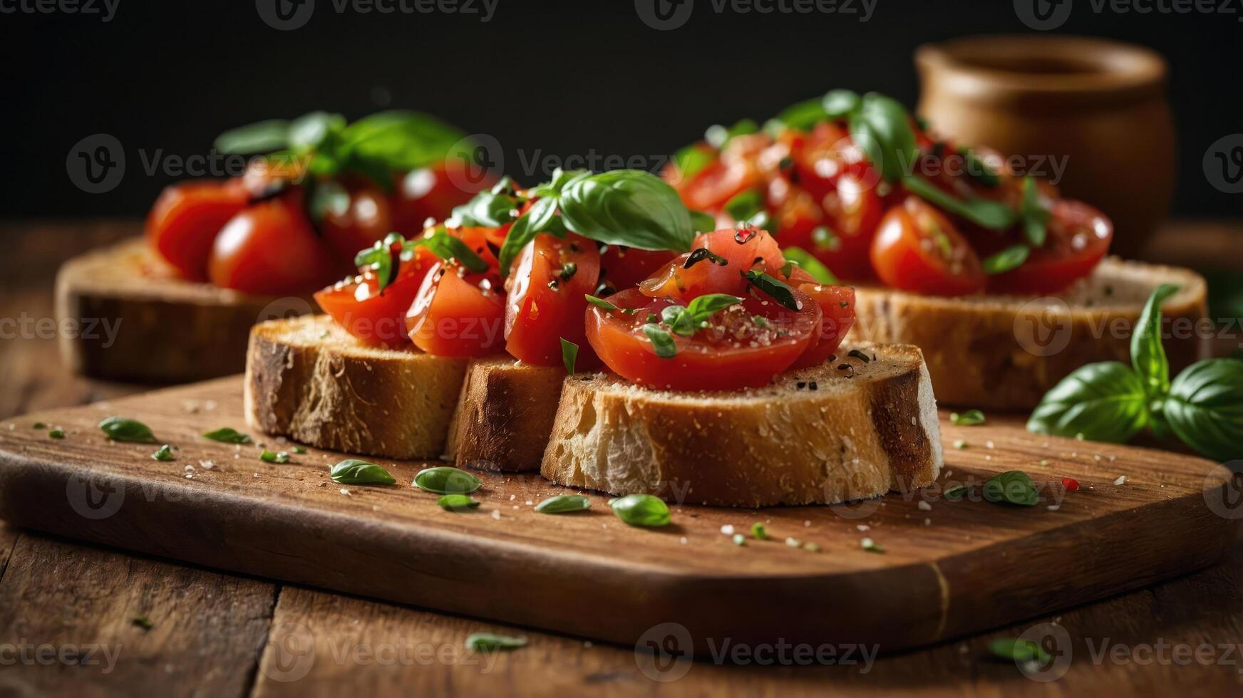 A delicious display of bruschetta topped with fresh tomatoes and basil on wooden boards. photo