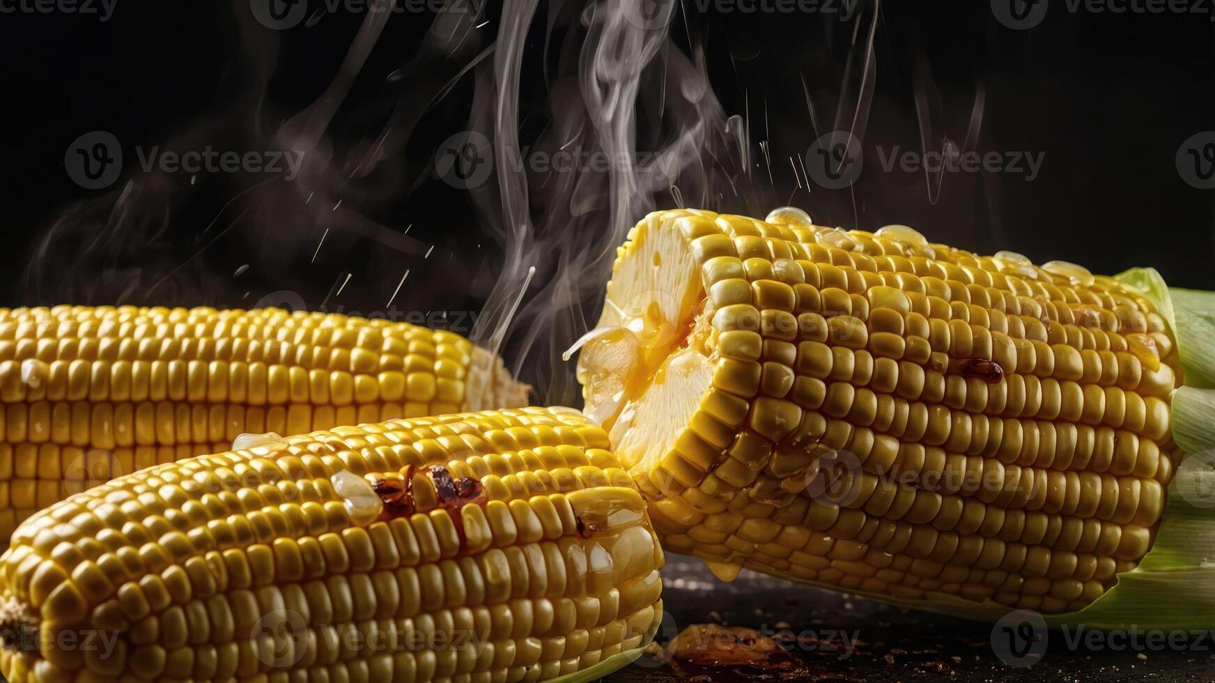 Freshly cooked corn on the cob with steam rising, highlighting its texture and flavor. photo